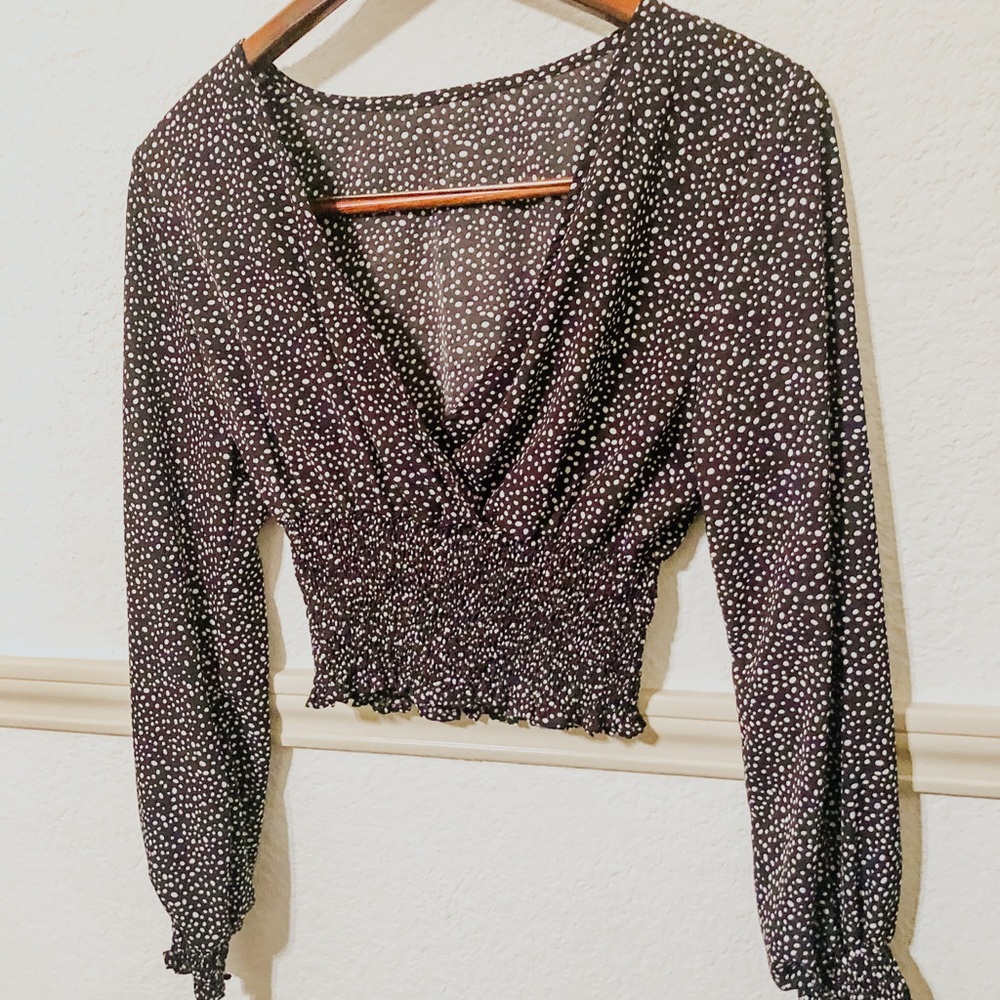 Polka Dot Long Sleeve Crop Blouse